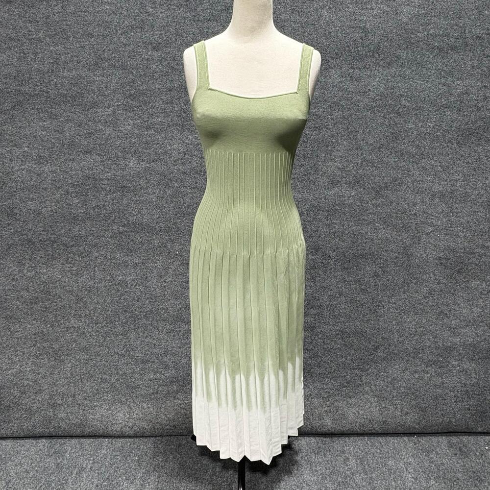 STAUD Dress Womens XS Green White Pleated Knit Square Neck Maxi Ombre Tie Dye